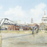 Millennium Bridge – London Art Gallery – Footbridge Across River Thames – Watercolour Painting By Woking Artist David Drury – Fine Art Prints For Sale