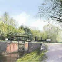 Lock & Foot Bridge On Basingstoke Canal At St Johns Lye – River Wey Navigation Art Gallery – Fine Art Prints Of Painting By Woking Surrey Artist David Drury