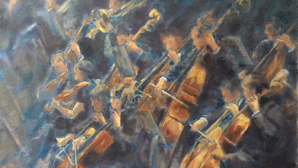 Orchestra - Strings Section - Painting by Artist ANNEMARIE NIJEBOER - Exhibion at barbers gallery Woking Surrey