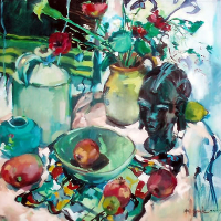 African Head and Plants – Still Life Painting by Art Tutor and Surrey Artist Hildegarde Reid