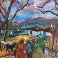 African Village With Animals – Oil Painting by Molesey Surrey Artist Hildegarde Reid
