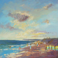 Evening Bathers – Coastal Scene – Oil Painting by Surrey Artist and Art Tutor Melanie Cambridge