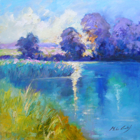 River Wey – Surrey – Blue Dawn – Original Oil Painting – Artist and Art Tutor Melanie Cambridge