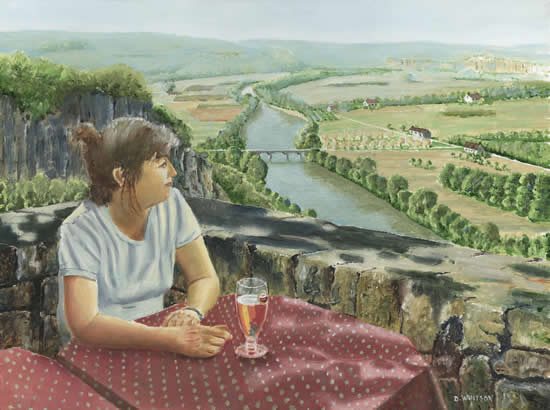 Girl in a Café, Dordogne Valley, France - David Whitson - Paintings in Oils - Woking Society of Arts - Surrey Art Gallery