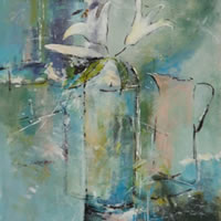 White Lilies Set in Blue – Kim Page – Paintings in Watercolour and Oil – Surrey Art Gallery – England
