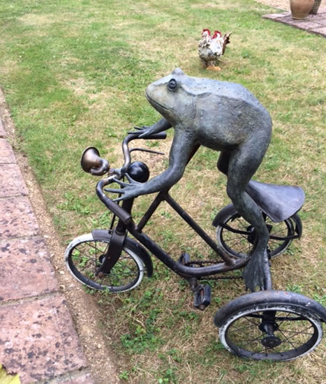 Bronze Sculpture - Frog on a Tricycle - Margaret Harvey - Surrey Artist and Sculptor