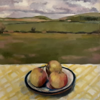 Herefordshire Apples in a Landscape – Oil Painting by Surrey Artist Margaret Harvey
