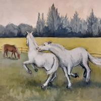 White Ponies Playing - Oil Painting