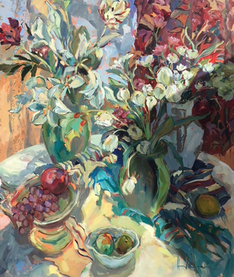 Lillies Tulips and Fruit - Still Life Painting by Thames Valley Art Society Member - Molesey Surrey Artist Hildegarde Reid