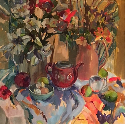 Still Life Painting with Lilies and Chinese Teapot by Molesey Art Society Surrey Artist Hildegarde Reid - Oil on Canvas