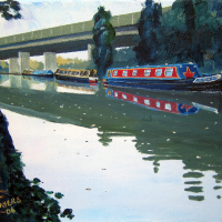 Canal Barges and Road Bridge – Wey Navigation Canal, Surrey – Doug Myers Art Gallery