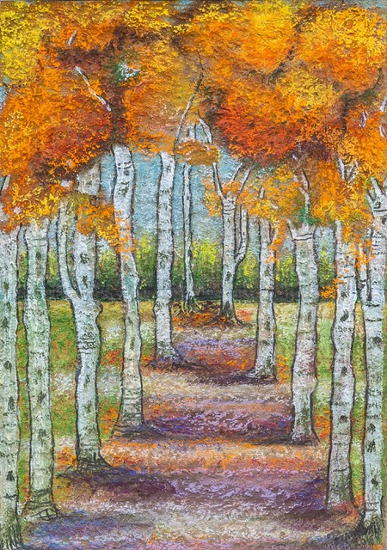 Avenue of Birch Trees in Autumn - Sold Art by Carshalton Artist Penny Smith