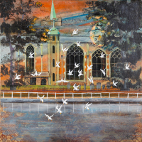 Carshalton Ponds and All Saints Church at Dusk – Oil Collage and Gold Leaf – London Artist Penny Smith