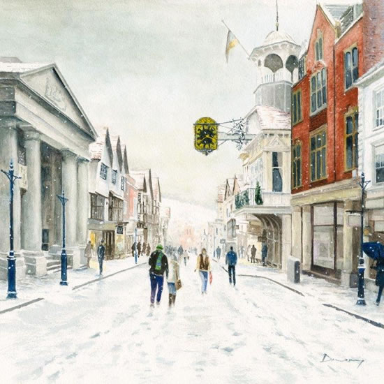 Guildford High Street Under Snow - Winter Art Gallery - Fine Art Prints Of Painting By Woking Surrey Artist