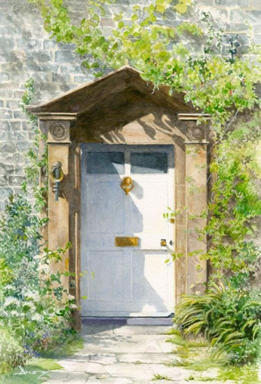 White Cottage Door With Coach Lamp - English Countryside Landscape Art Gallery - Fine Art Prints Of Painting By Woking Surrey Artist