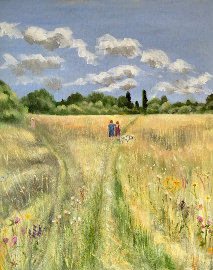 Wild Flower Meadow - Field Of Flowers - Couple Walking with Dalmatian - Landscape Artist Sally Anne Wake Jones