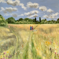 Wild Flower Meadow – Field of Flowers – Couple walking with Dalmatian – Landscape Artist Sally Anne Wake Jones – Weybridge Surrey