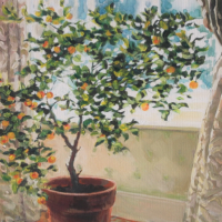 Window with Ornamental Orange Tree – Acrylic Painting by Kent Artist Sally Banks