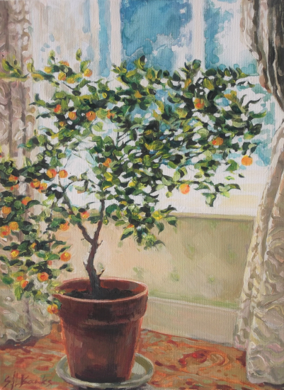 Window with Ornamental Orange Tree - Acrylic Painting by Kent Artist Sally Banks