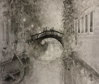 Bridge over Venice Canal - Misty Evening - Guildford Art Society member Simon Kretser