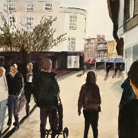 Kingston on Thames Market - English Street Scene - Watercolour Art by Contemporary Artist Peter Fodor