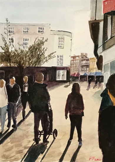 Kingston on Thames Market - English Street Scene - Watercolour Painting by Contemporary Artist Peter Fodor