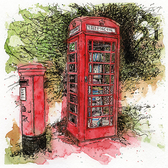 Post Box and Telephone Box - Onslow Village Book Swap Guildford - Ink and Watercolour Painting - Surrey Artist Simon de Kretser