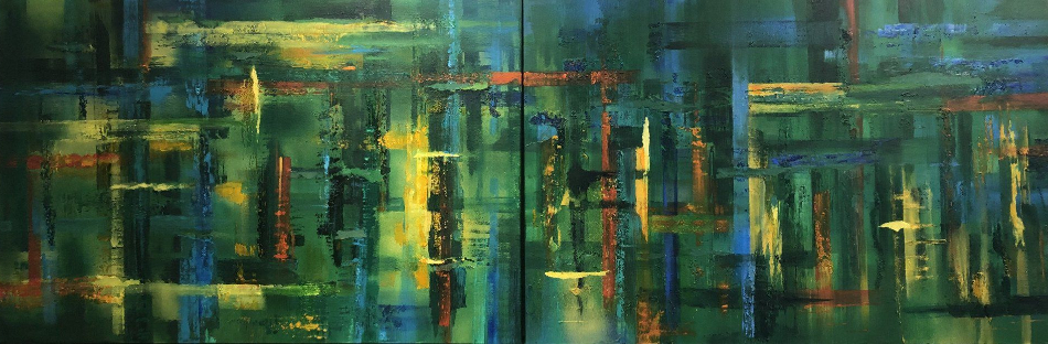 Sally de Courcy, Woking Artist, Sculptor and Installation Artist - Reflection in Green Painting