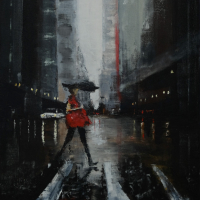 Woman in Red – Oil Painting by Contemporary Urban and Figurative Artist Peter Fodor
