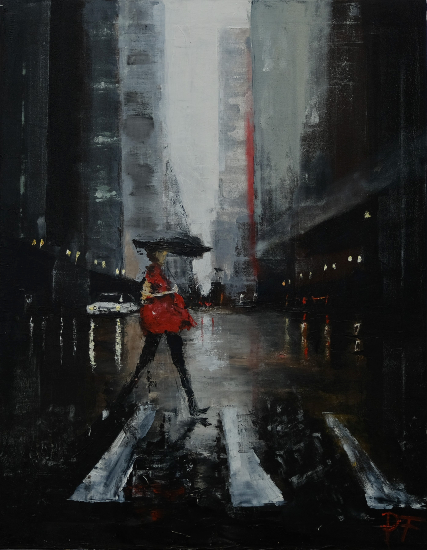 Woman in Red - Oil Painting by Contemporary Urban and Figurative Artist Peter Fodor
