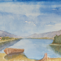 Blue Sky, Blue Lake – Watercolour Painting by Surrey Artist John Hart Mills