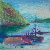 Boats beside Hills at Dusk – Crayon Drawing by Surrey Artist John Hart Mills