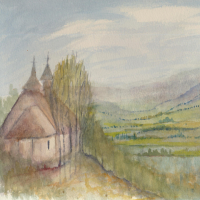 Church with Rolling Hills – Watercolour Painting by Surrey Artist John Hart Mills