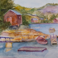 Norway – Inlet with Wooden Huts and Cabins – Watercolour Painting by Surrey Artist John Hart Mills