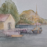 Sailing Dinghy moored beside Fisherman’s Hut – Watercolour Painting by Surrey Artist John Hart Mills