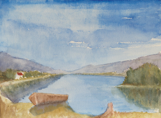 Blue Sky, Blue Lake - Watercolour Painting by Surrey Artist John Hart Mills