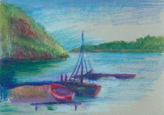 Boats beside Hills at Dusk - Crayon Drawing by Surrey Artist John Hart Mills