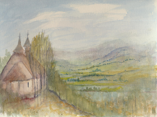 Church with Rolling Hills - Watercolour Painting by Surrey Artist John Hart Mills