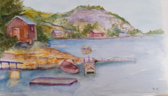 Norway - Inlet with Wooden Huts and Cabins - Watercolour Painting by Surrey Artist John Hart Mills