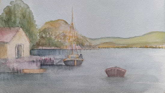 Sailing Dinghy moored beside Fisherman's Hut - Watercolour Painting by Surrey Artist John Hart Mills