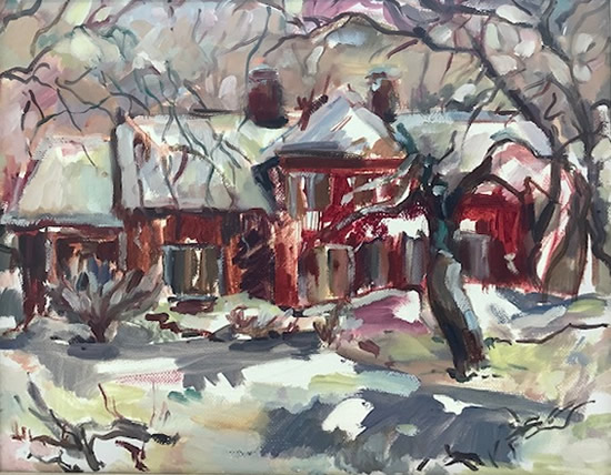 House in Snow Painting by Molesey Art Society Member - Elmbridge Surrey Artist Hildegarde Reid