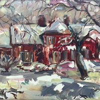 House in Snow Painting by Molesey Art Society Member – Elmbridge Surrey Artist Hildegarde Reid