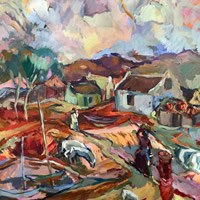 South African Village – Painting by Sunbury on Thames Art Society Member – Molesey Surrey Artist Hildegarde Reid
