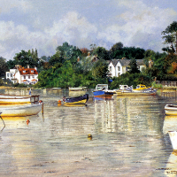 Boats Moored in Lymington Harbour Hampshire  – Acrylic Painting – Surrey Artist Jacqui Slade