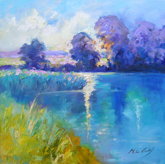River Wey - Surrey - Blue Dawn - Original Oil Painting - Artist and Art Tutor Melanie Cambridge