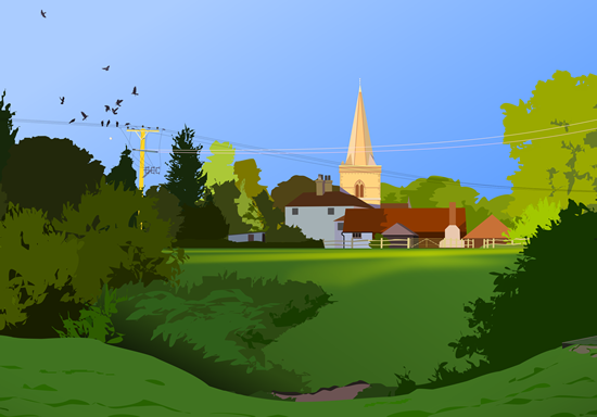 Art Print - Over the fields to Brockham by Pixham Surrey Artist David Money