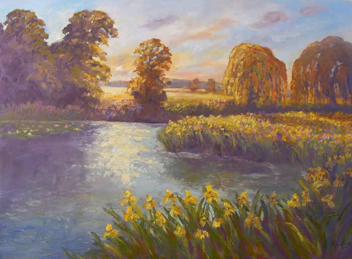 Water Irises Art Commission - Surrey Artist Painting for Pennyhill Park Hotel and Spa near Bagshot