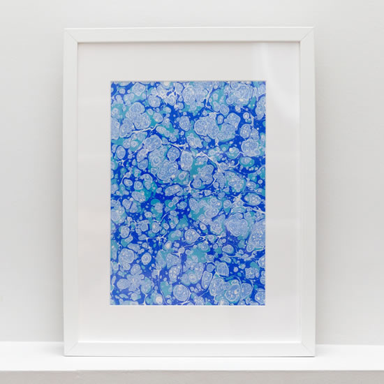 Framed Artwork - Deep Ocean - Cotton Paper Marbled Painted With Earth Pigment Paints With Turpentine Oil - Dorking Surrey Artist - Ebru Kocak