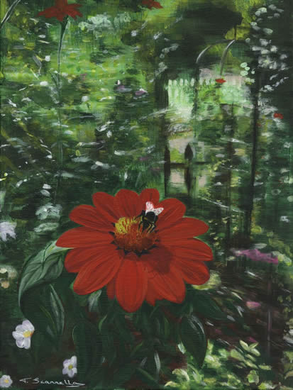 Red Flower and Bee Painting - Art Prints For Sale - Woking Artist Teresa Scannella - Surrey Artists Gallery