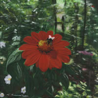 Red Flower and Bee Painting – Art Prints For Sale – Woking Artist Teresa Scannella – Surrey Artists Gallery